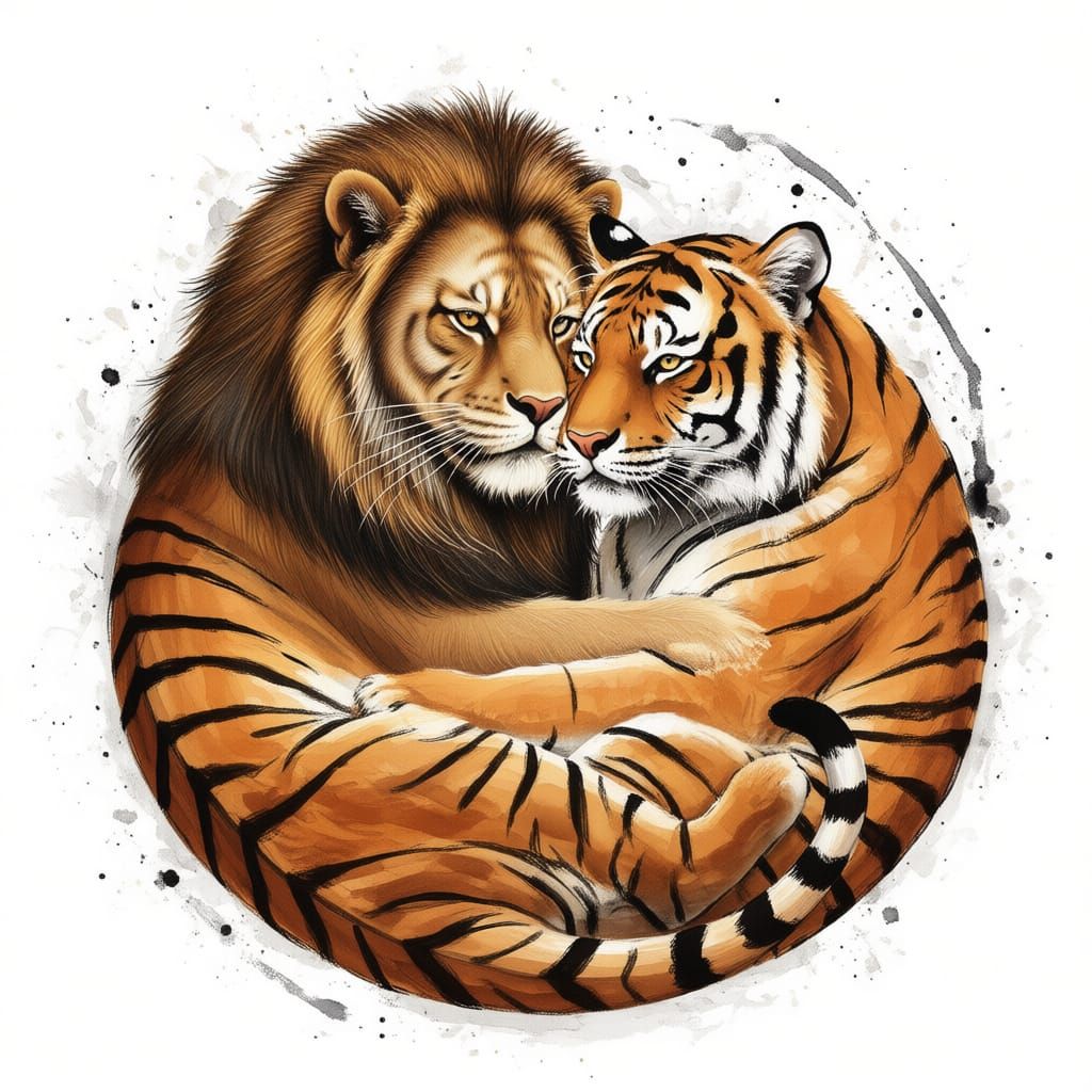 Lion and Tiger Embrace in Yin-Yang Style