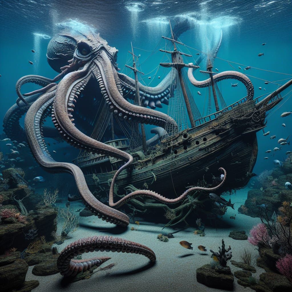 Gigantic Kraken Wraps Tentacles Around Sunken Shipwreck