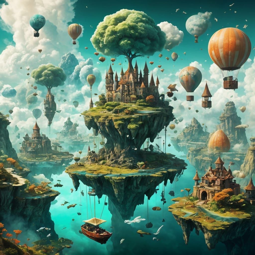 Dreamlike Scene with Floating Islands and Creatures