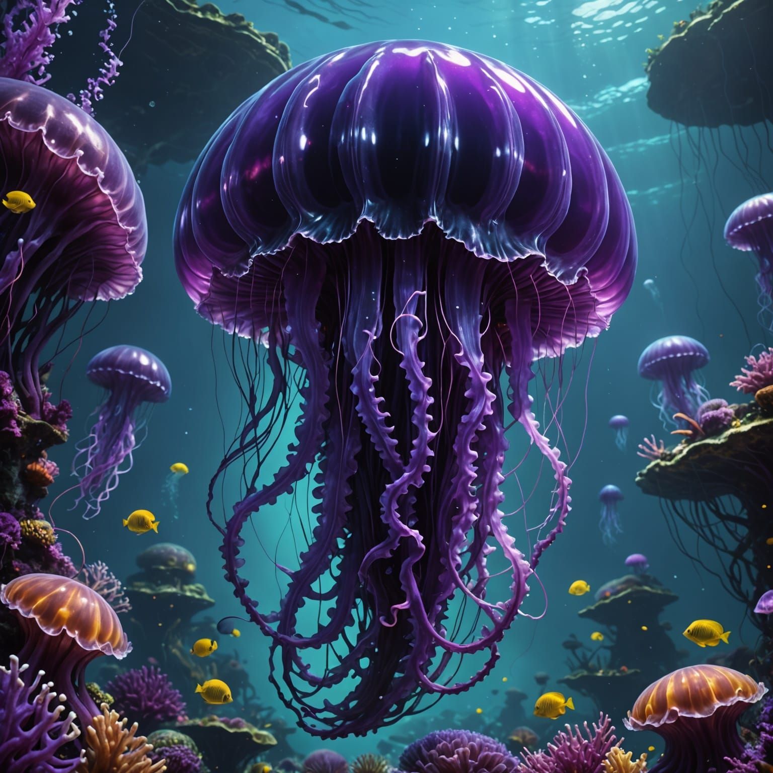 Ethereal Purple Phantom Jellyfish in Vibrant Fantasy Realm