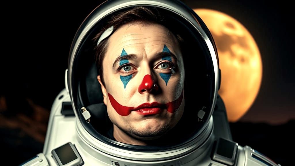 Elon Musk in Space Clown Regalia Stares Out at the Red Plane...