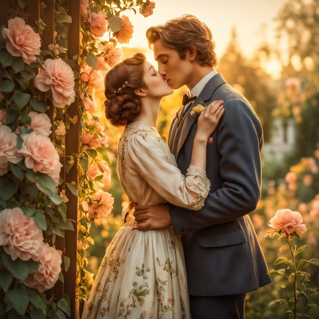 Art Nouveau Oil Painting of Couple Kissing in Garden