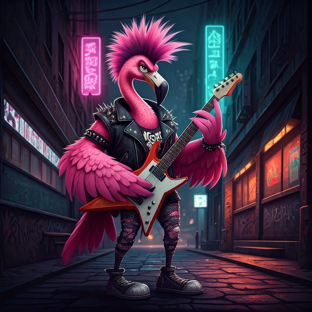 Punk Rock Flamingo Shredding Guitar in Graffiti Alley