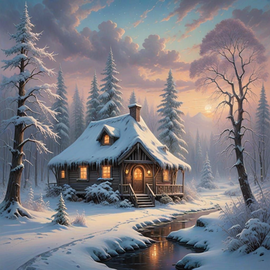 Snowy Taiga Hut with Mammoth in Winter Wonderland