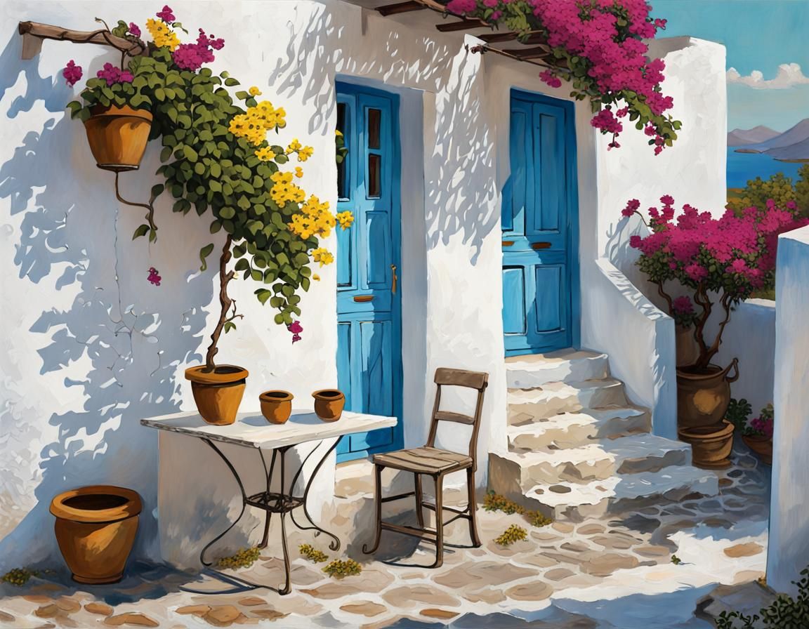 Greek House with Bougainvillea, Oil Painting