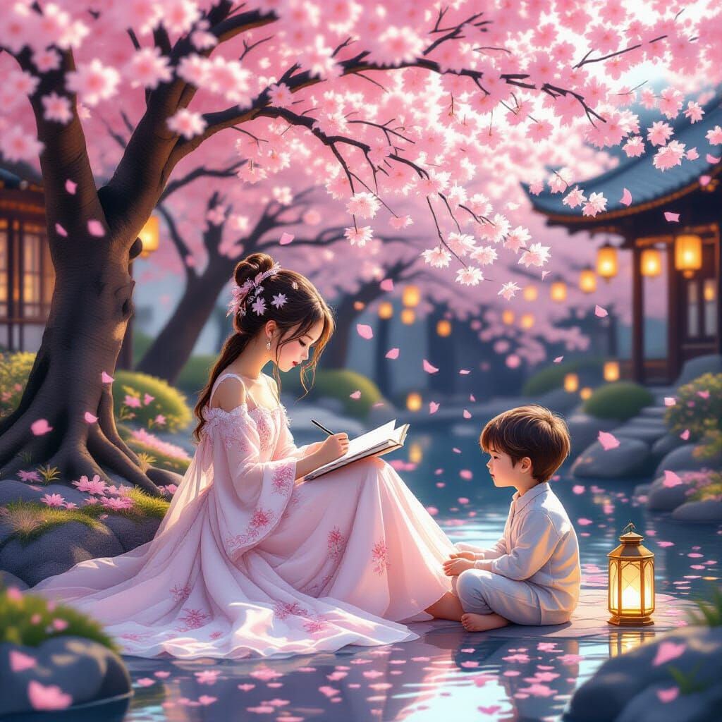 Girl Sketching in Glowing Lantern Garden