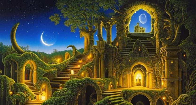 Face-Shaped Ruins of Avalon in Detailed Oil Painting