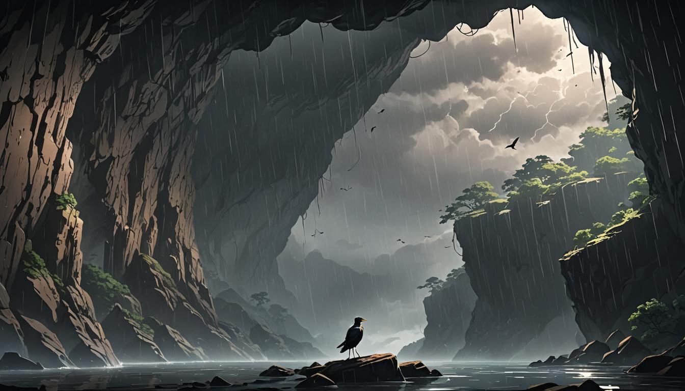 Anime Bird in Stormy Cave with Cel-Shaded Shadows