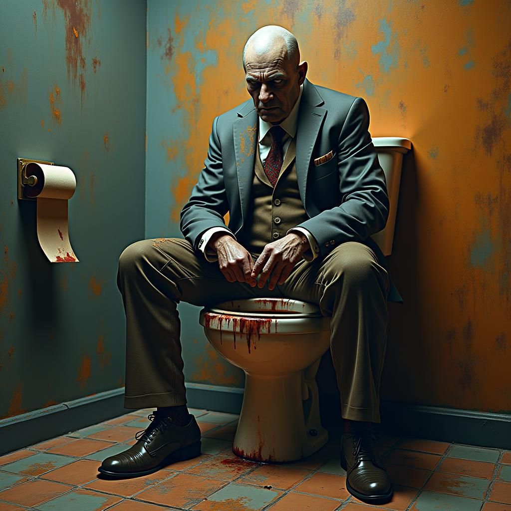 Gruesome Toilet Scene with Severed Boss in Digital Art