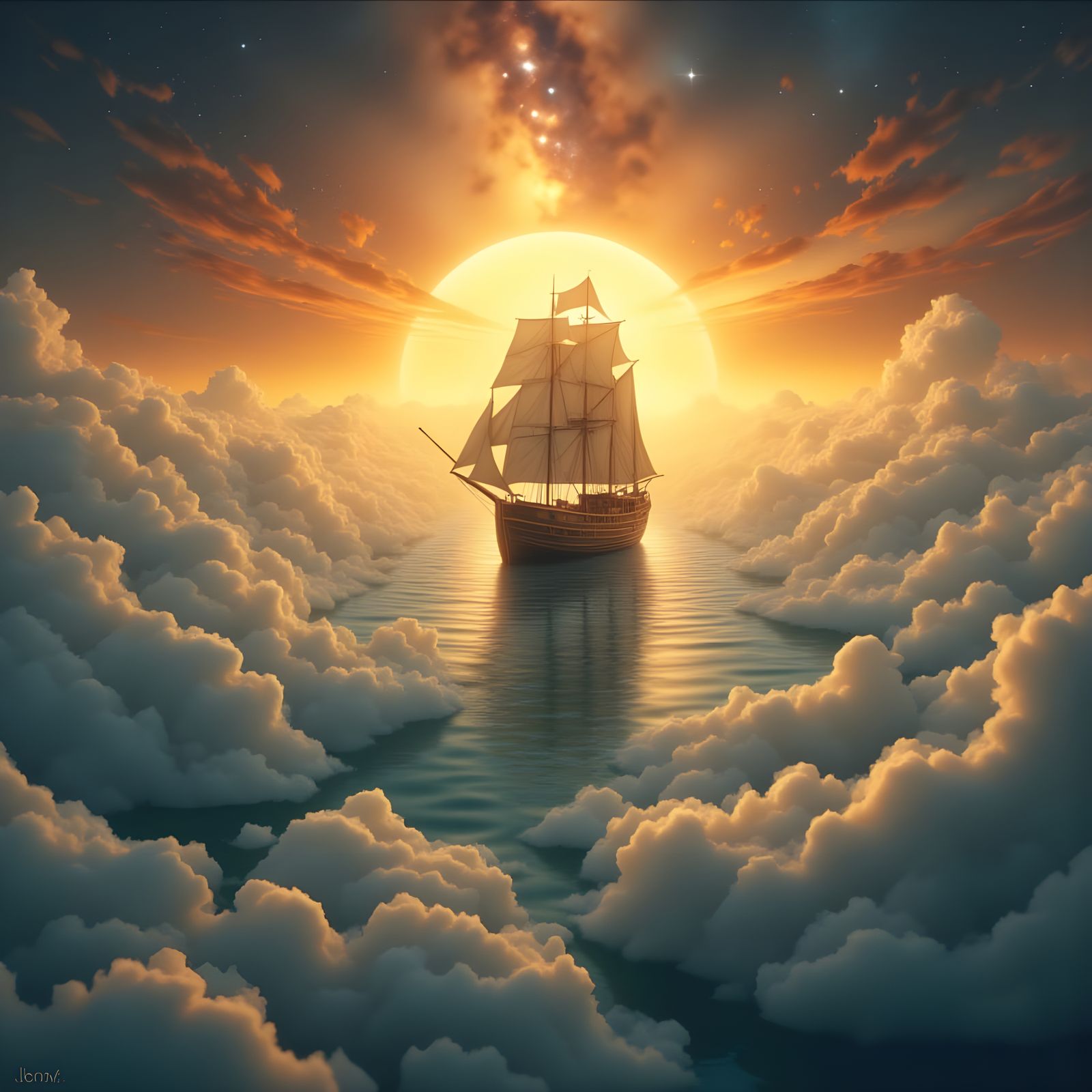 Ancient Chinese City Port Sailship on Cloud Sea