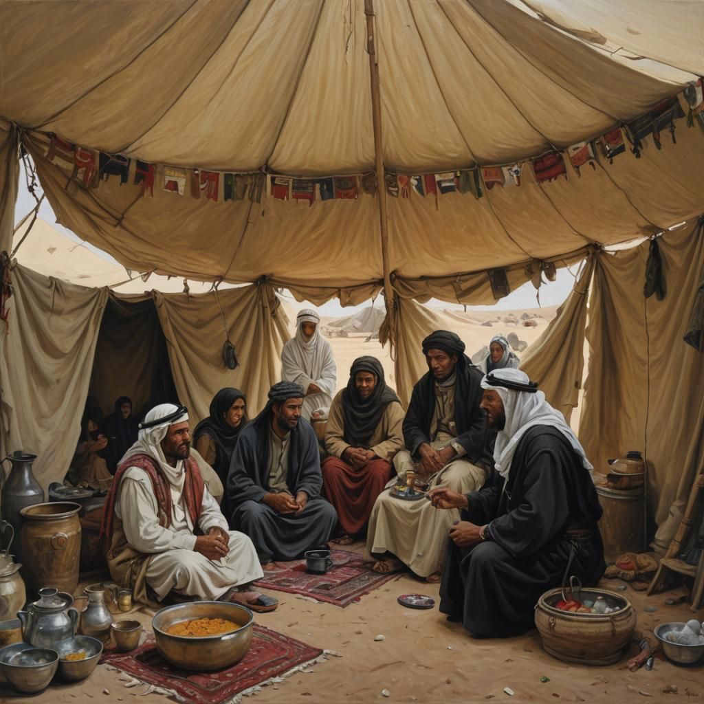 Bedouin Family Tent Interior as Oil Painting