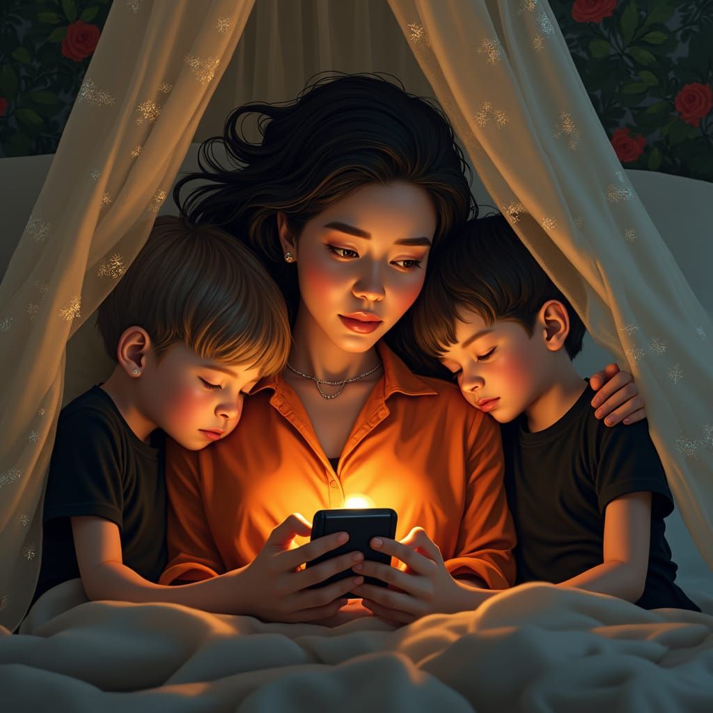 Mother and Sons Under Bed Net, Dreamlike Digital Art
