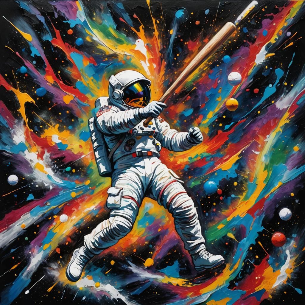 Astronaut Hits Baseball in Space: Expressionist Oil Painting