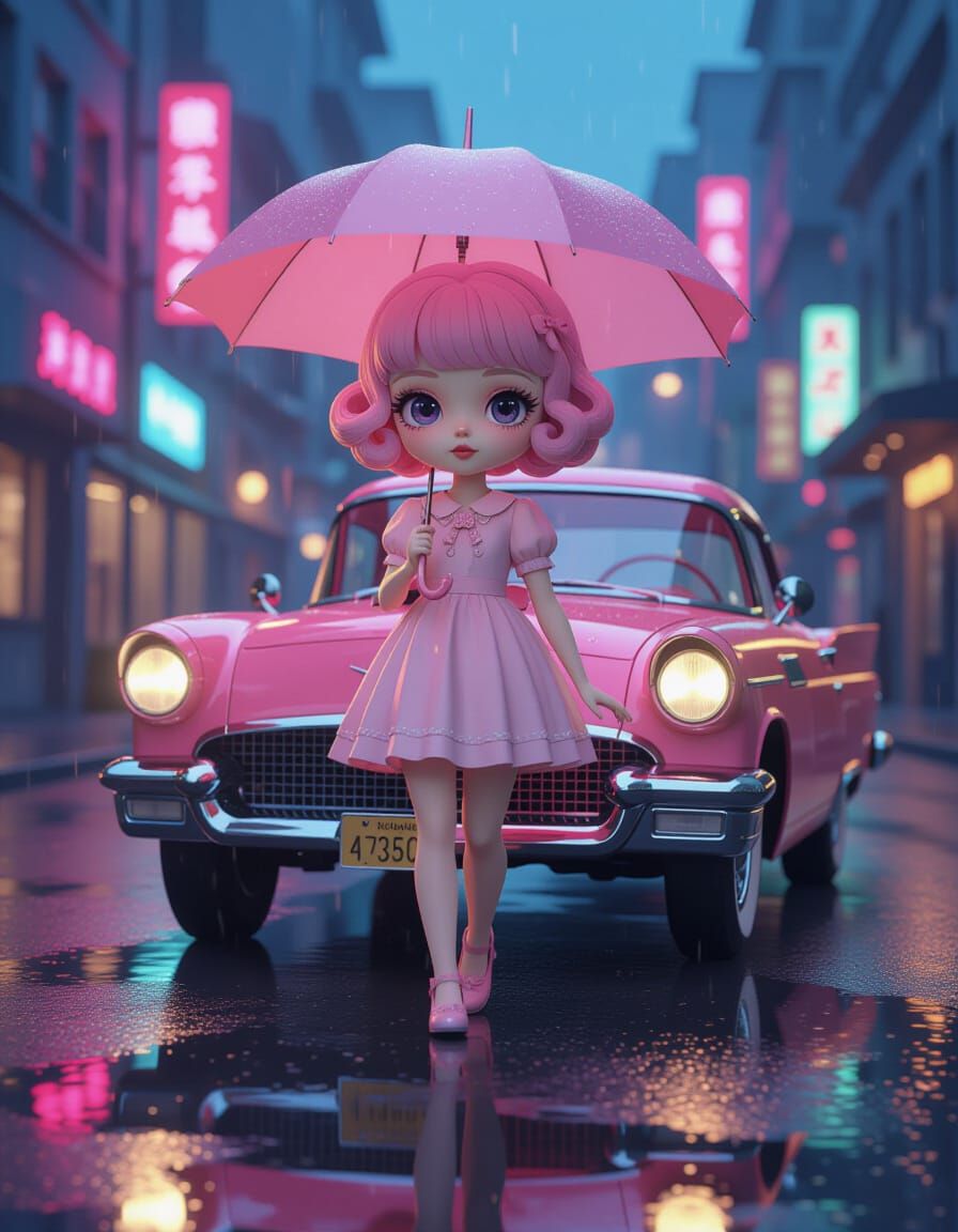 Pastel Pink Haired Girl & Cherry Red Car