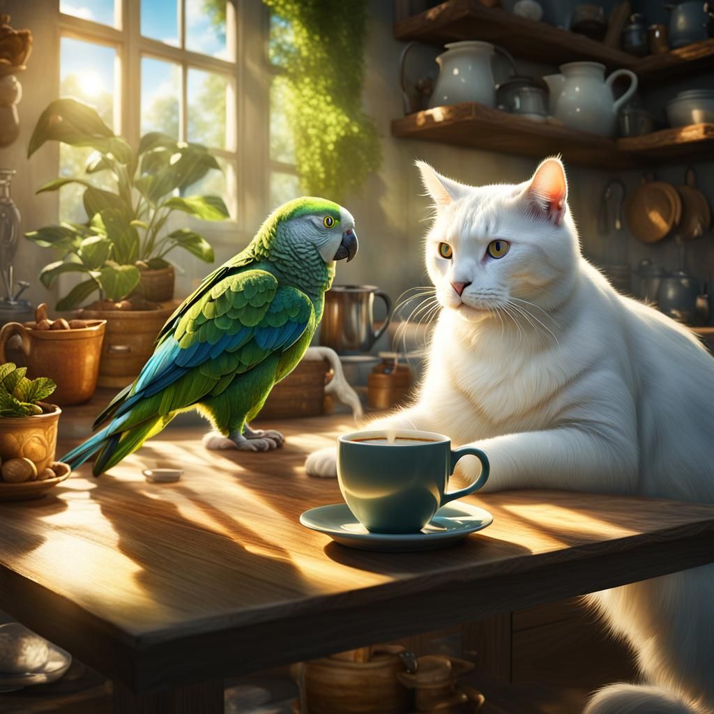 Cat and Parrot Play in Sunlit Kitchen