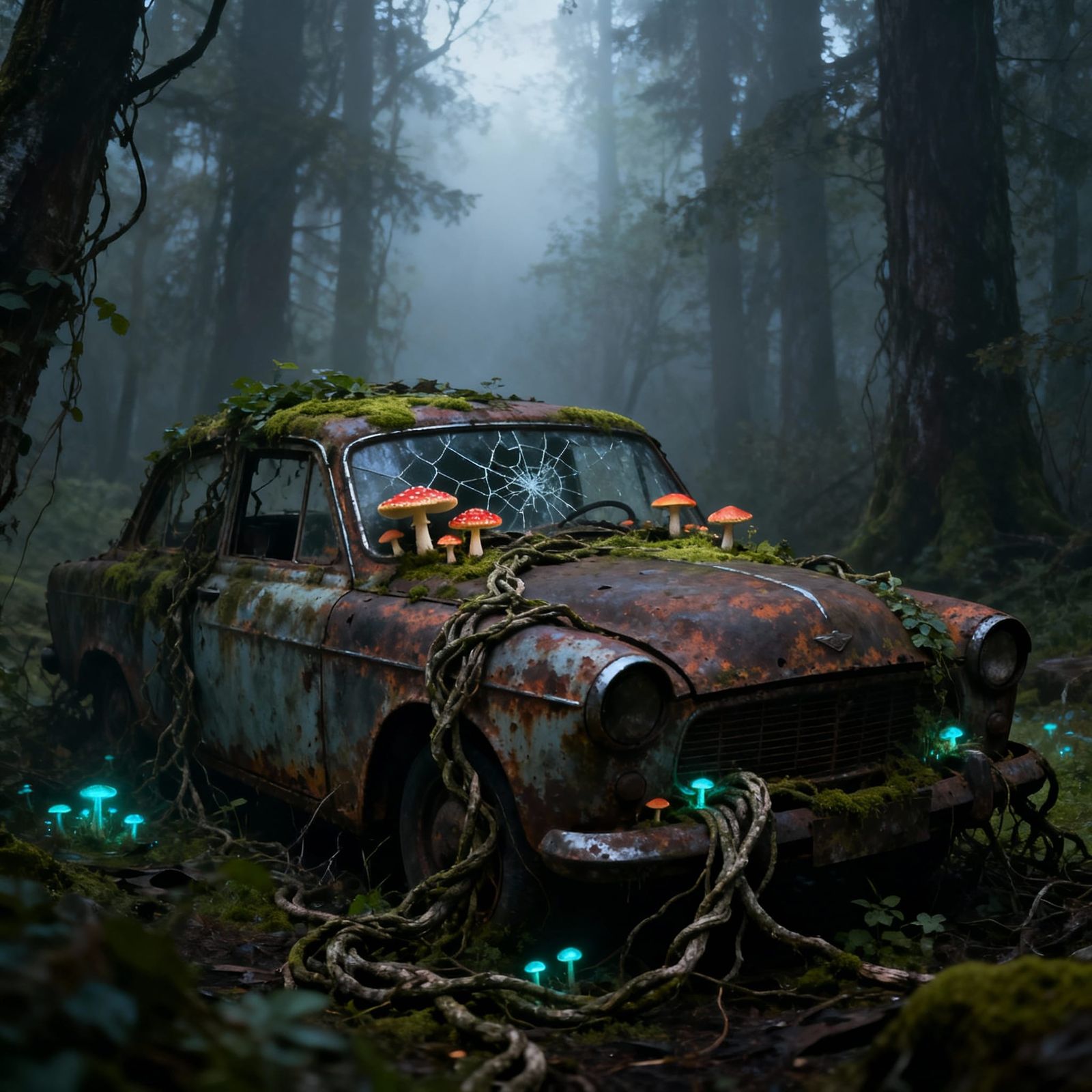 Rusted Vintage Car Reclaimed by Nature in Misty Forest