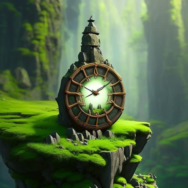 Stone Clock in Fantasy Forest, Digital Art