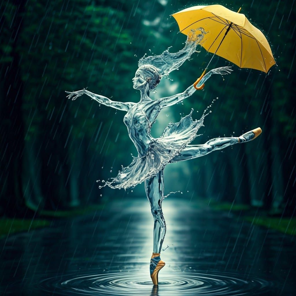 Ballerina Dances Under a Rainy Umbrella in a Vibrant Park Sc...