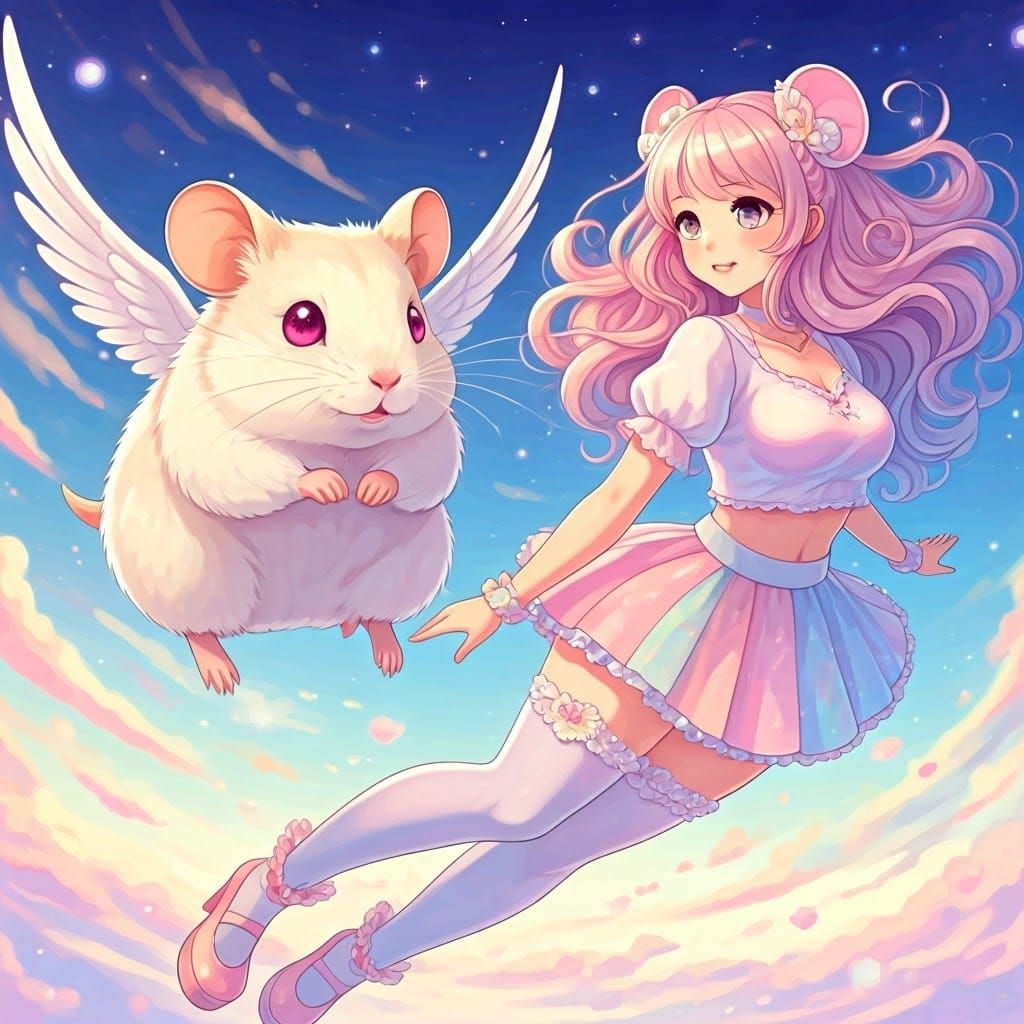 Kawaii Gori Girl Soars with Albino Hamster Companion