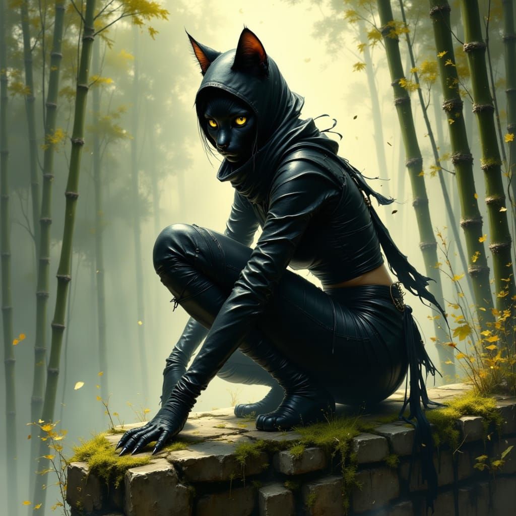 Female Ninja Cat on Stone Wall at Dusk