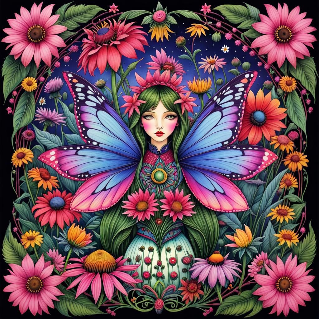 Fairycore Animation of Coneflower Fairyland in Folk Art