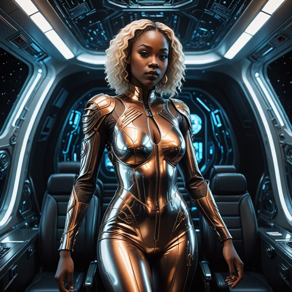 Athletic Blonde Woman in Chrome Bodysuit, Spaceplane Art Dec...