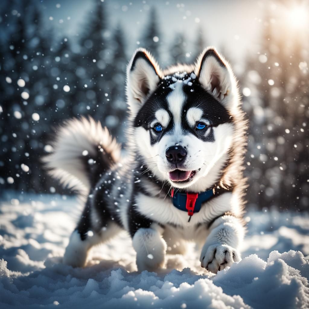 Cute Husky Puppy Playing in Snowy Landscape