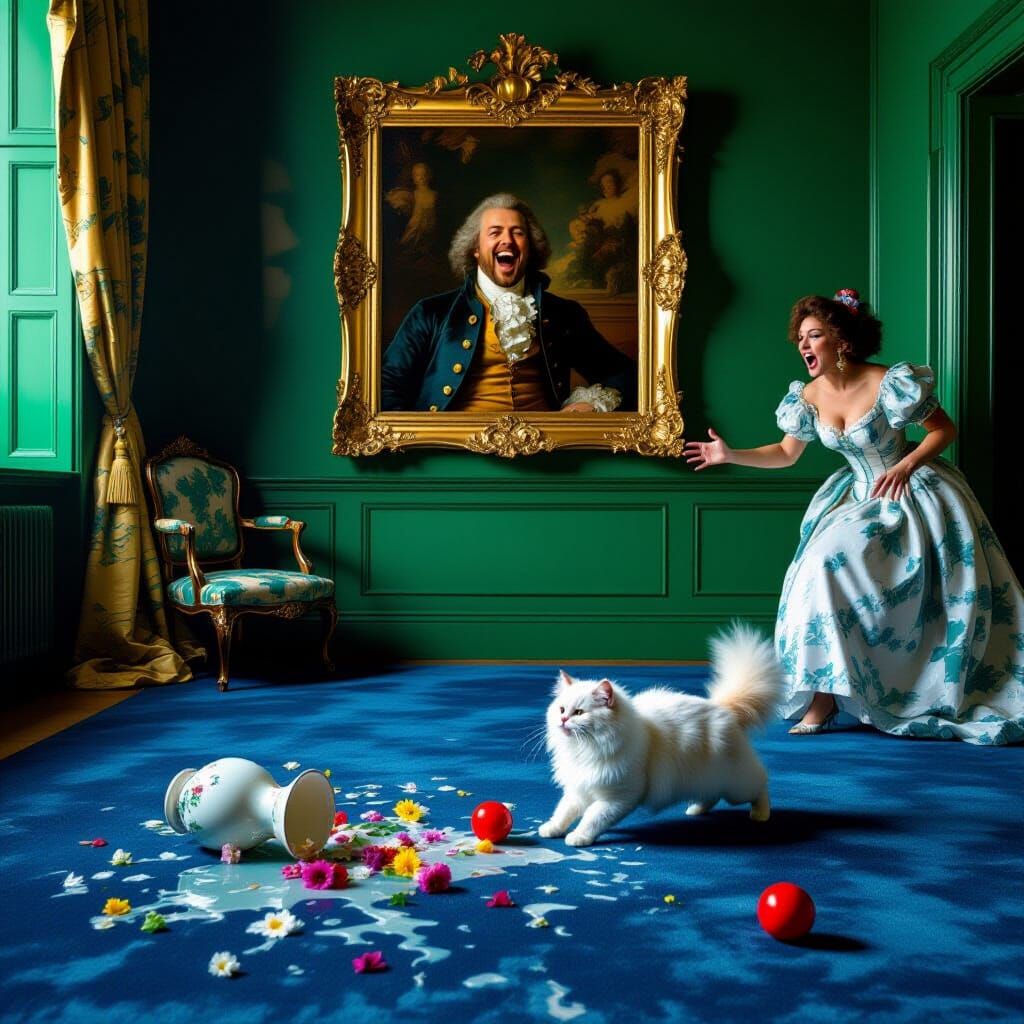 Baroque Room Scene with Cat and Agitated Woman