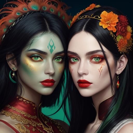 Dramatic Portrait of Women with Gold Skin and Peacock Feathe...