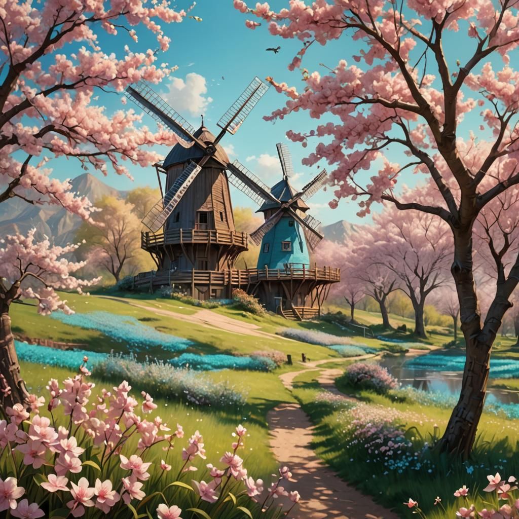 Windmill Amidst Vibrant Cherry Blossoms in Whimsical Oil Pai...