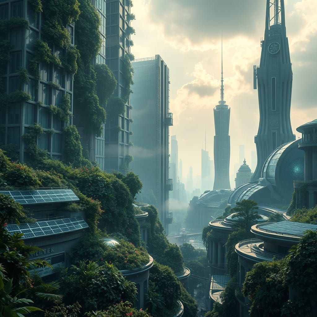 Futuristic Cityscape with Lush Vegetation in Ethereal Light