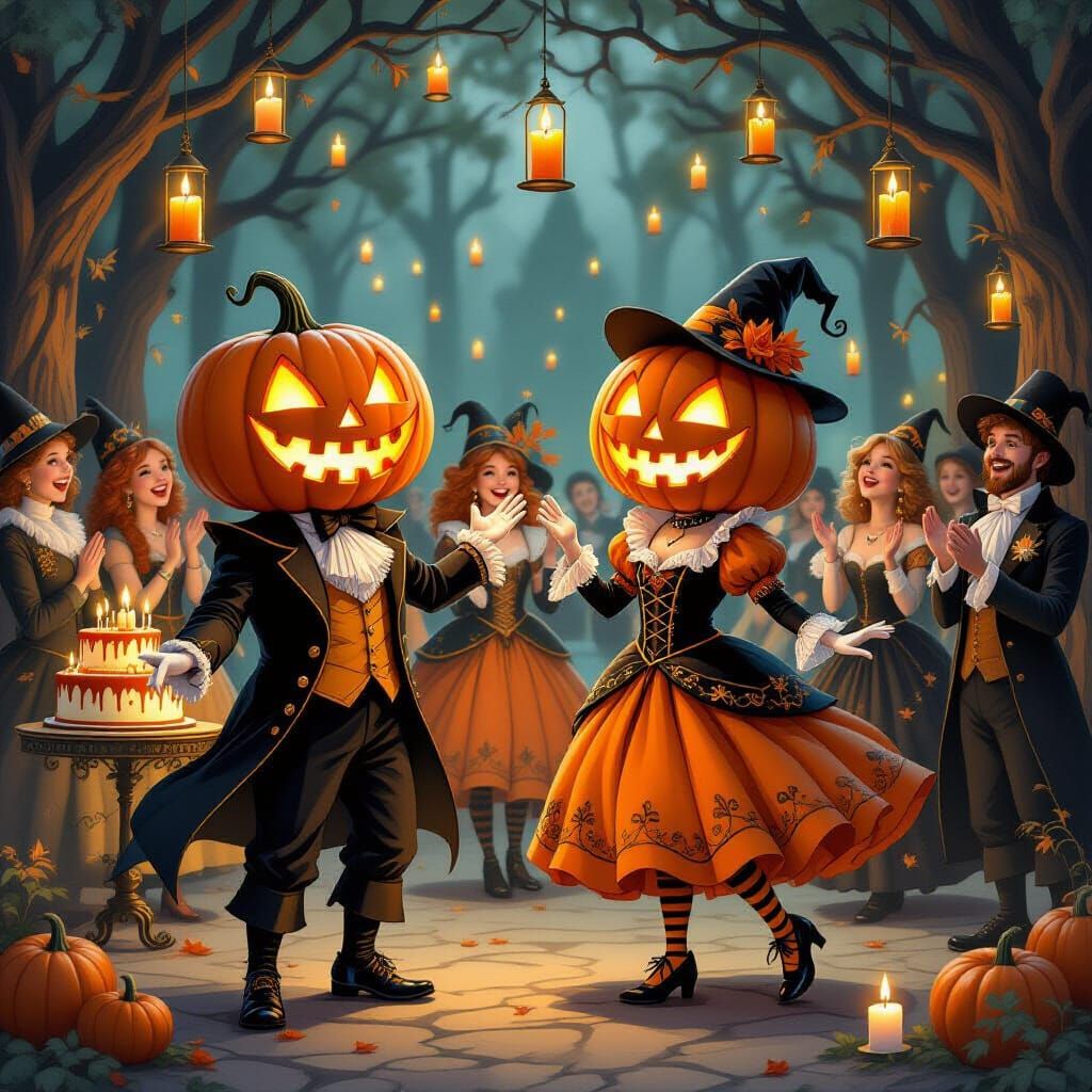 Joyful Pumpkin-Headed Figures Dance in Opulent Attire