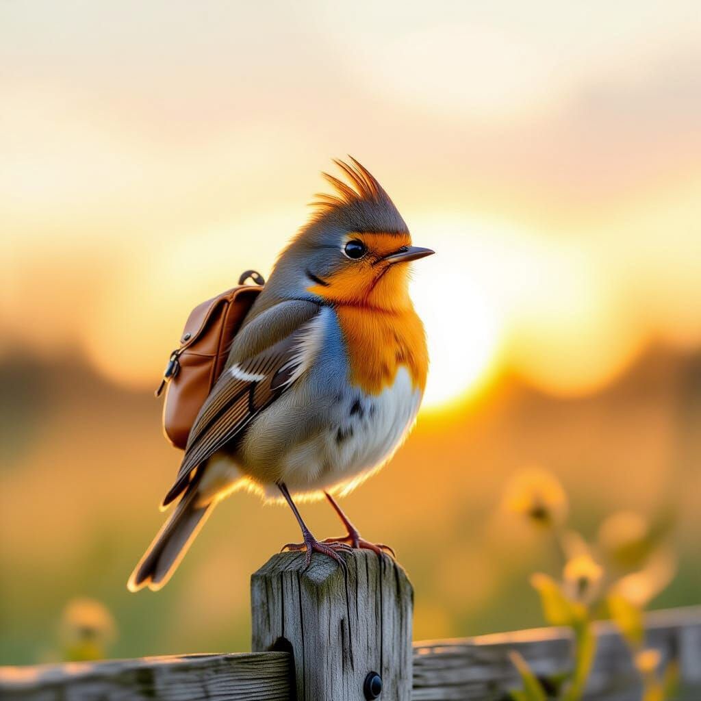 Robin with Backpack at Sunrise, Naive Art