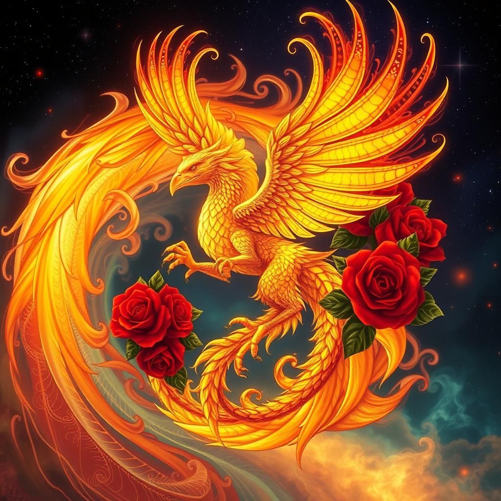 a siren , a phoenix ,an eagle, a dragon in beautiful detail combined into one cosmic flames, roses