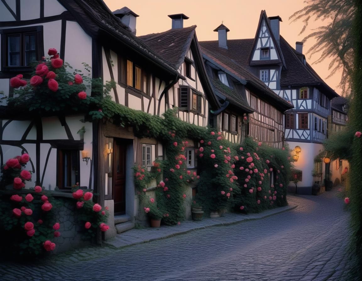 Half-Timbered Houses with Climbing Roses at Dusk