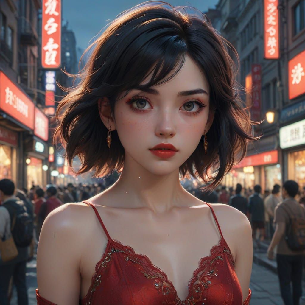 Sultry City Goddess in Vibrant Street Scene