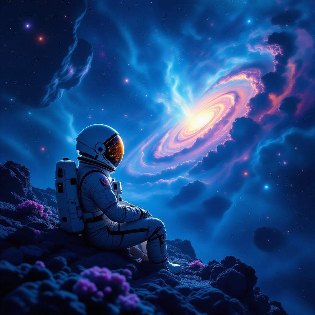Astronaut Adrift in Cosmic Nebula, Helmet Reflecting Alien G...