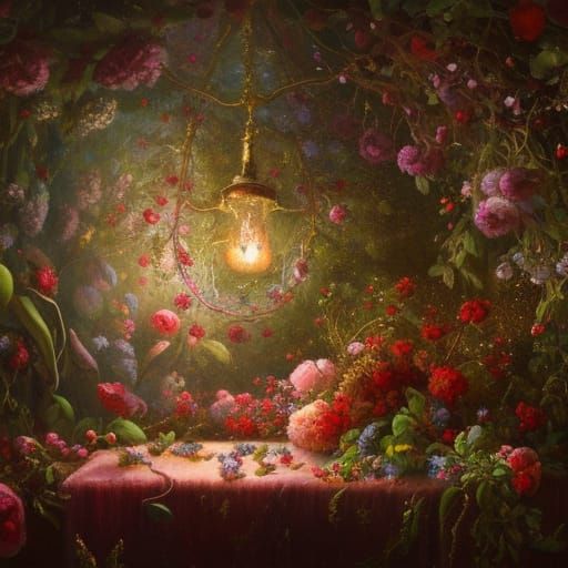 Moonlit Rose Gazebo with Fairy Lights, Photorealistic