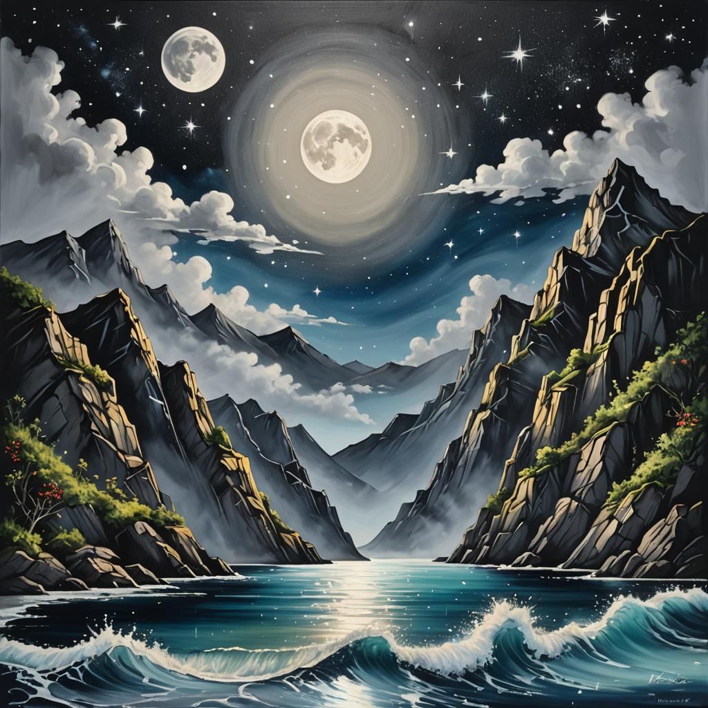 Silver Bay at Night in Graffiti Art Style