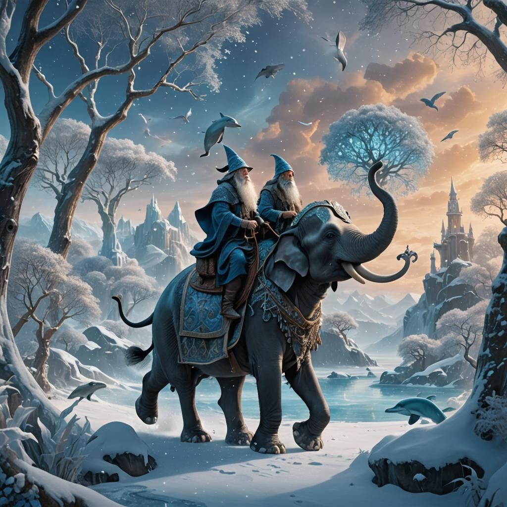 Wizard on Elephant in Icy Fantasy Landscape