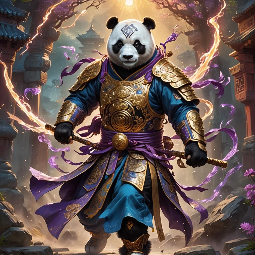 Panda Shaolin Monk Superhero in Mystical Aura