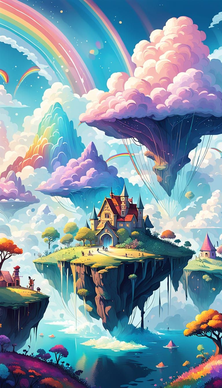 Dreamy Rainbow Islands Blanket Design with Whimsical Charact...