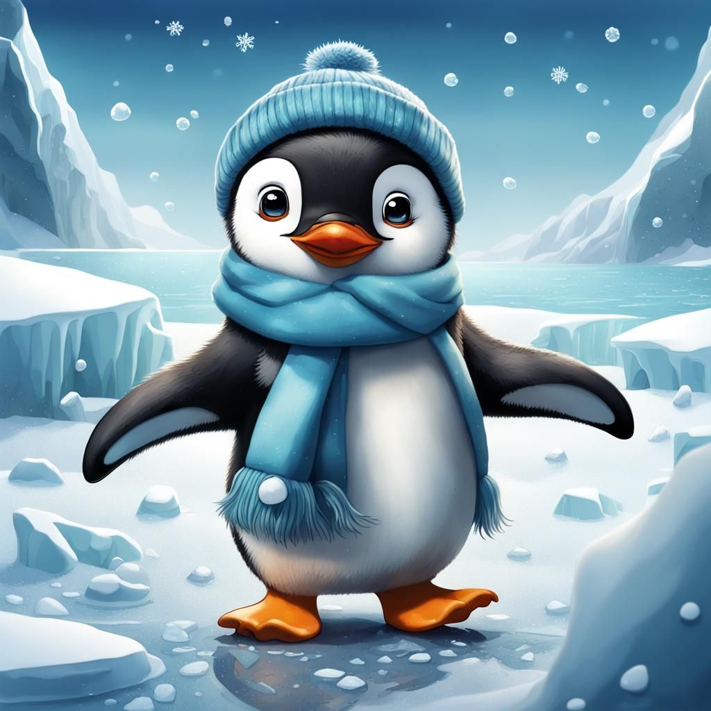 Playful Penguin on Icy Beach: Detailed Matte Painting