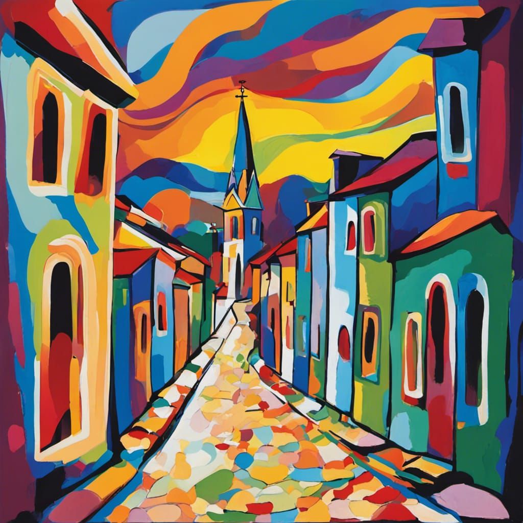 Image of a street in a village with a church  with strung contours   in the style of Kandinsky . Very strong colours dyn...