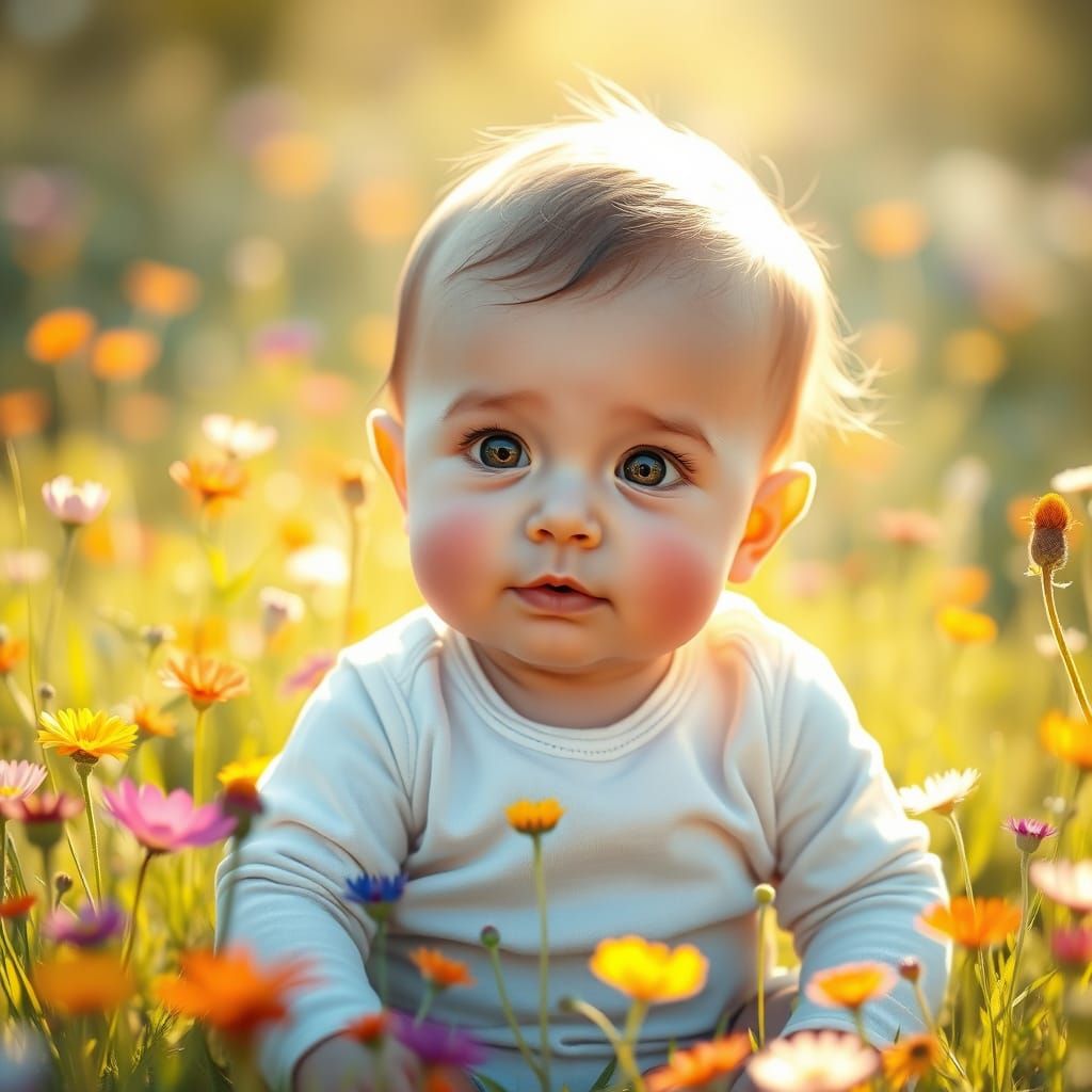 Cute Baby in Sunlit Wildflower Meadow