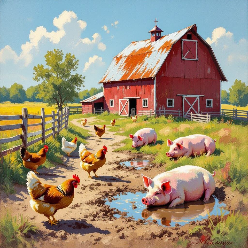 Vibrant Farm Scene with Animals and Barn in Impressionistic ...