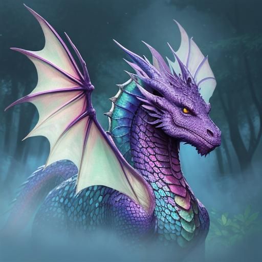 Blueberry Dragon Portrait in Lush Forest, Oil Painting