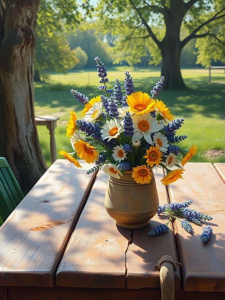 Rustic Picnic Table with Wildflowers in Oil Painting Style