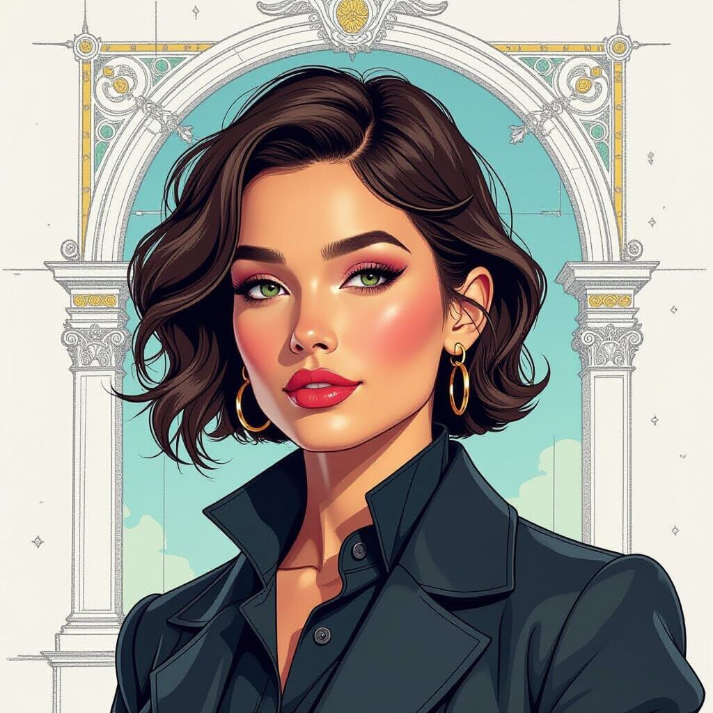 Architectural Blueprint Portrait with Colour Accents