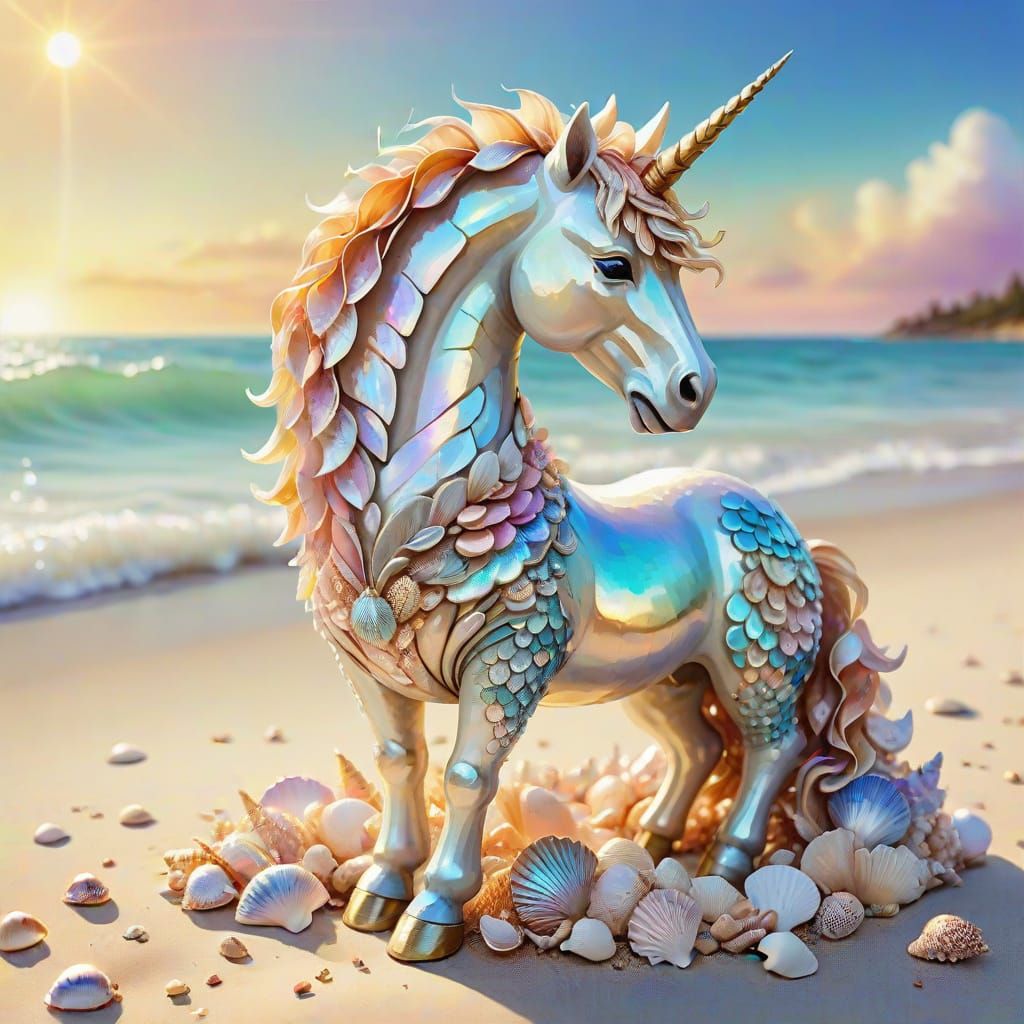 Seashell Unicorn on Beach in Watercolor Style